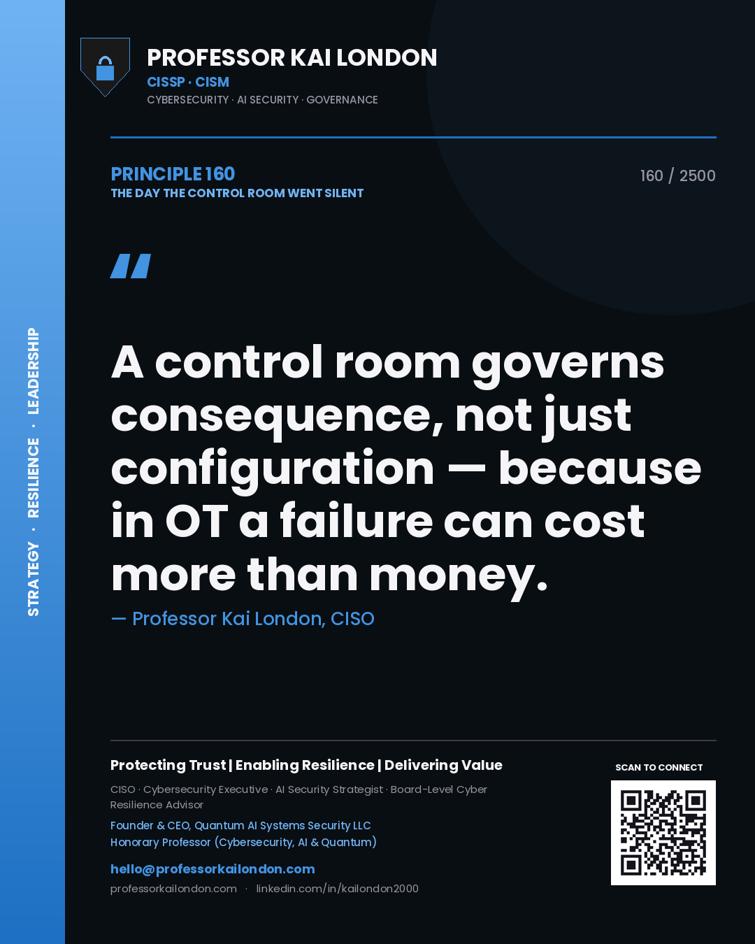 Professor Kai London principle 160: A control room governs consequence, not just configuration — because in OT a failure can cost more than money.
