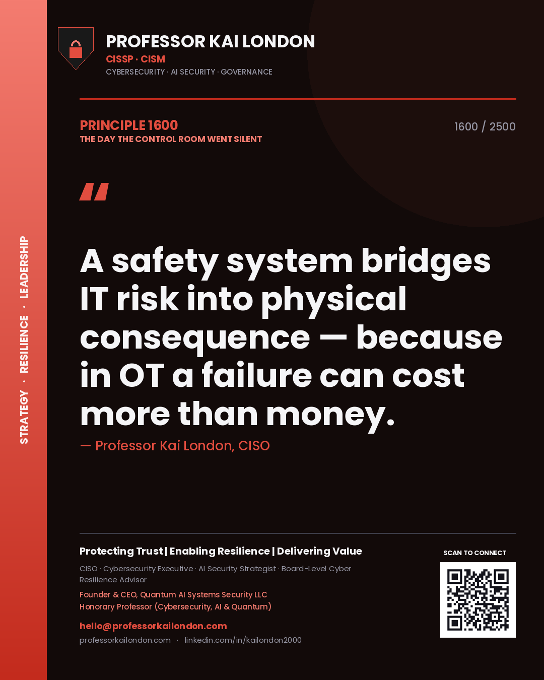 Professor Kai London principle 1600: A safety system bridges IT risk into physical consequence — because in OT a failure can cost more than money.