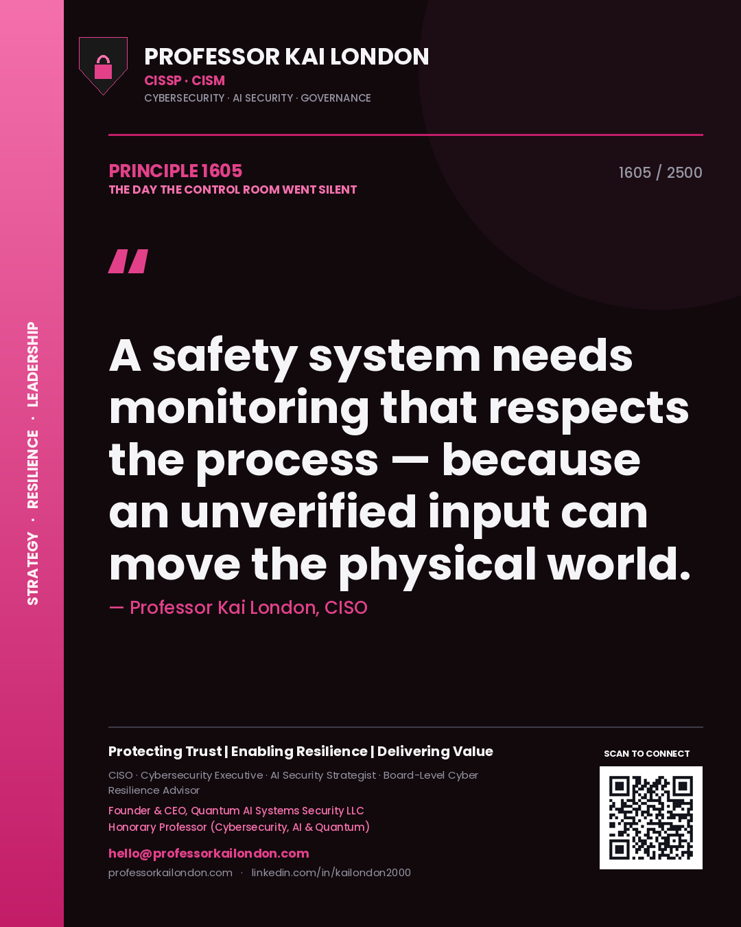 Professor Kai London principle 1605: A safety system needs monitoring that respects the process — because an unverified input can move the physical world.