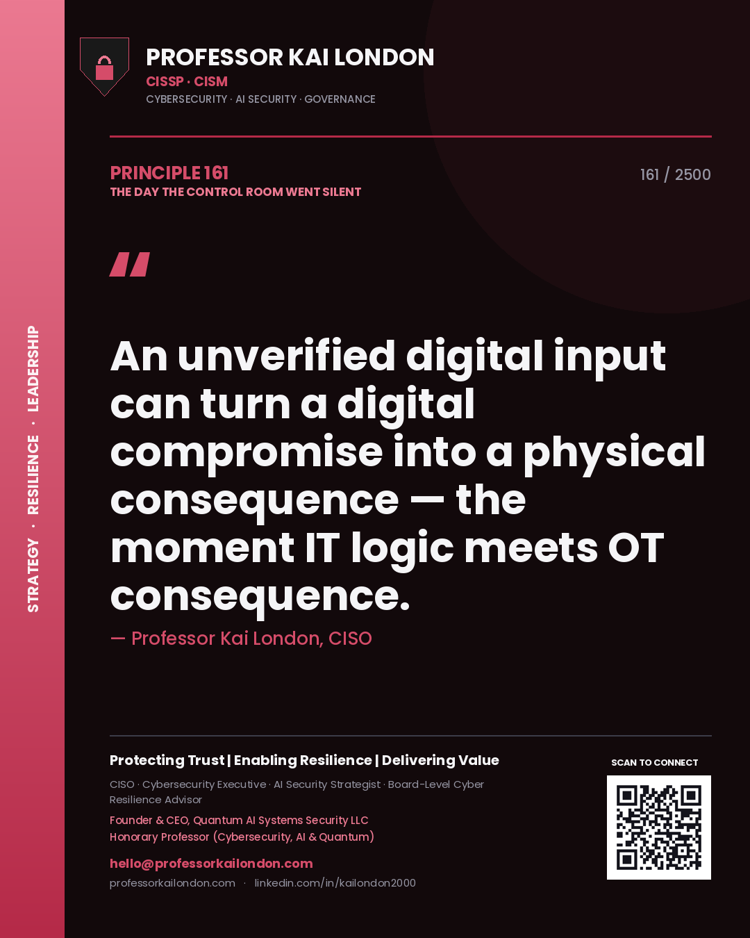 Professor Kai London principle 161: An unverified digital input can turn a digital compromise into a physical consequence — the moment IT logic meets OT consequence.