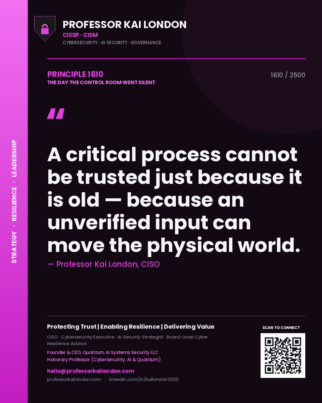 Professor Kai London principle 1610: A critical process cannot be trusted just because it is old — because an unverified input can move the physical world.