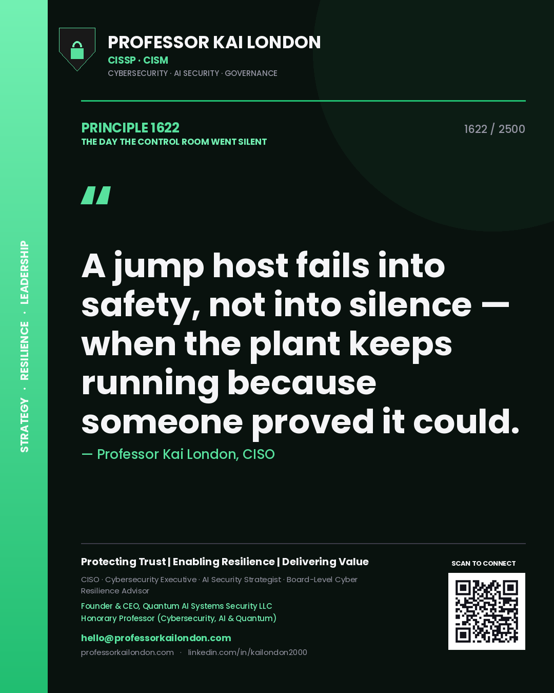 Professor Kai London principle 1622: A jump host fails into safety, not into silence — when the plant keeps running because someone proved it could.