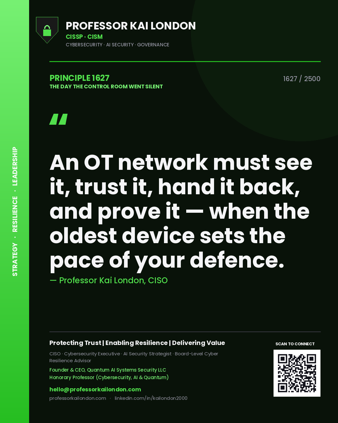 Professor Kai London principle 1627: An OT network must see it, trust it, hand it back, and prove it — when the oldest device sets the pace of your defence.