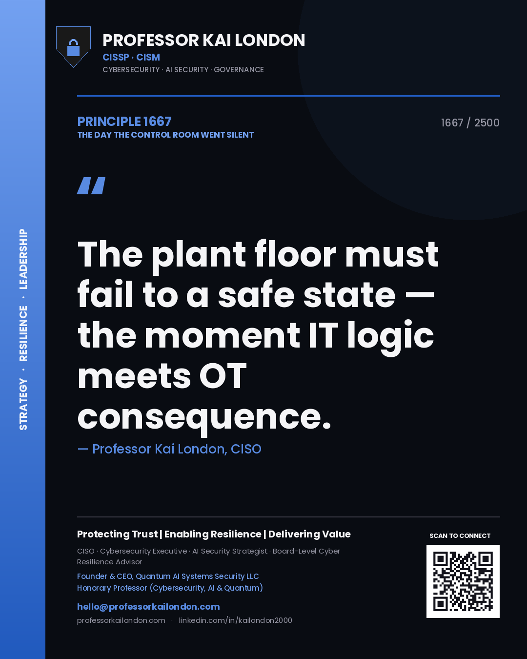 Professor Kai London principle 1667: The plant floor must fail to a safe state — the moment IT logic meets OT consequence.