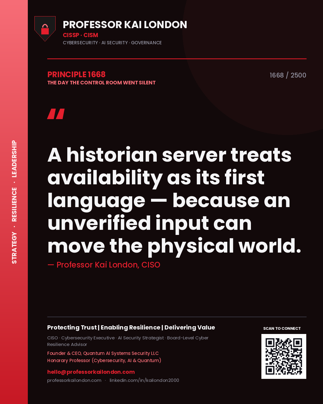Professor Kai London principle 1668: A historian server treats availability as its first language — because an unverified input can move the physical world.