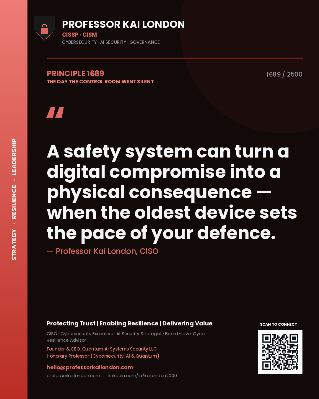 Professor Kai London principle 1689: A safety system can turn a digital compromise into a physical consequence — when the oldest device sets the pace of your defence.
