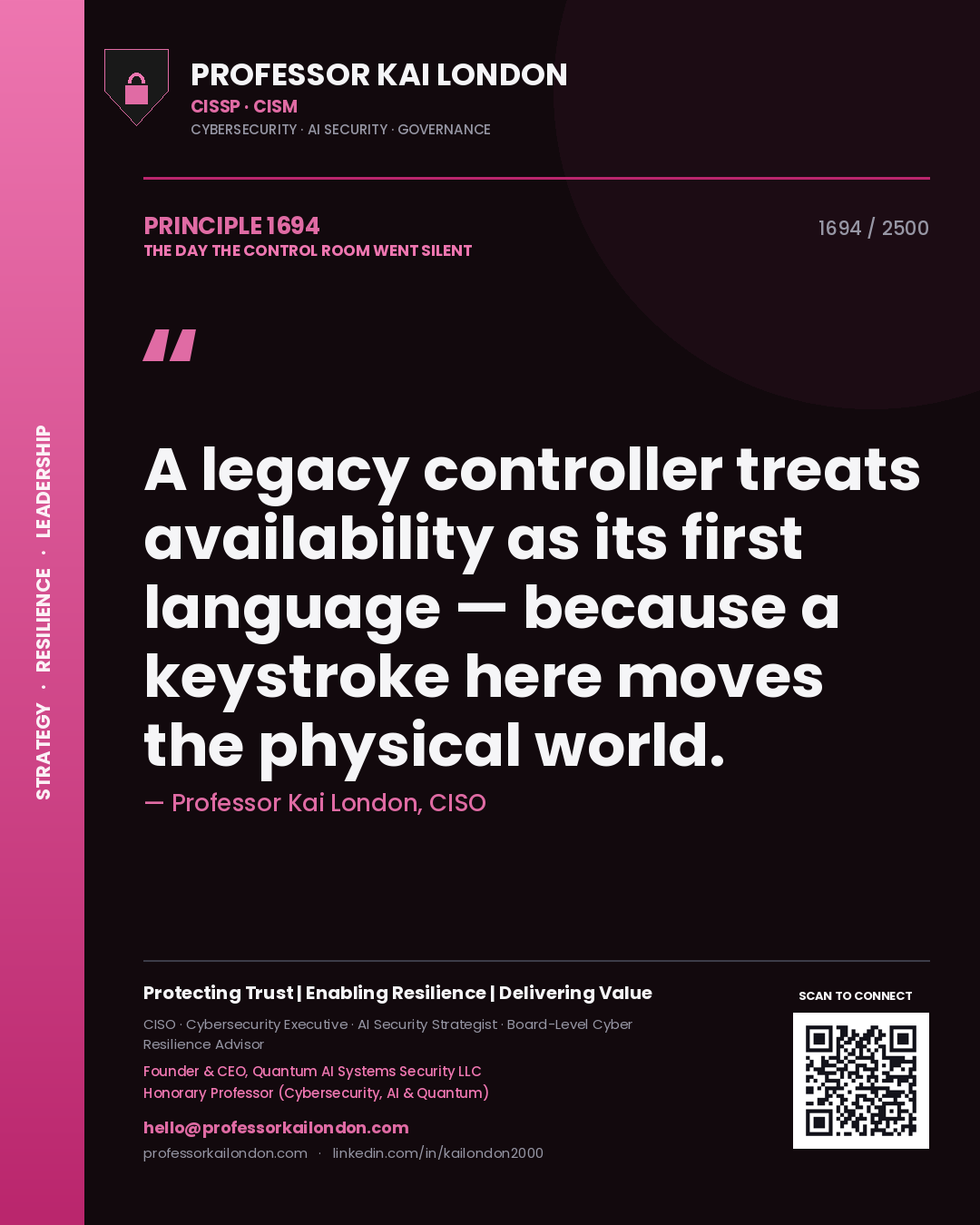Professor Kai London principle 1694: A legacy controller treats availability as its first language — because a keystroke here moves the physical world.