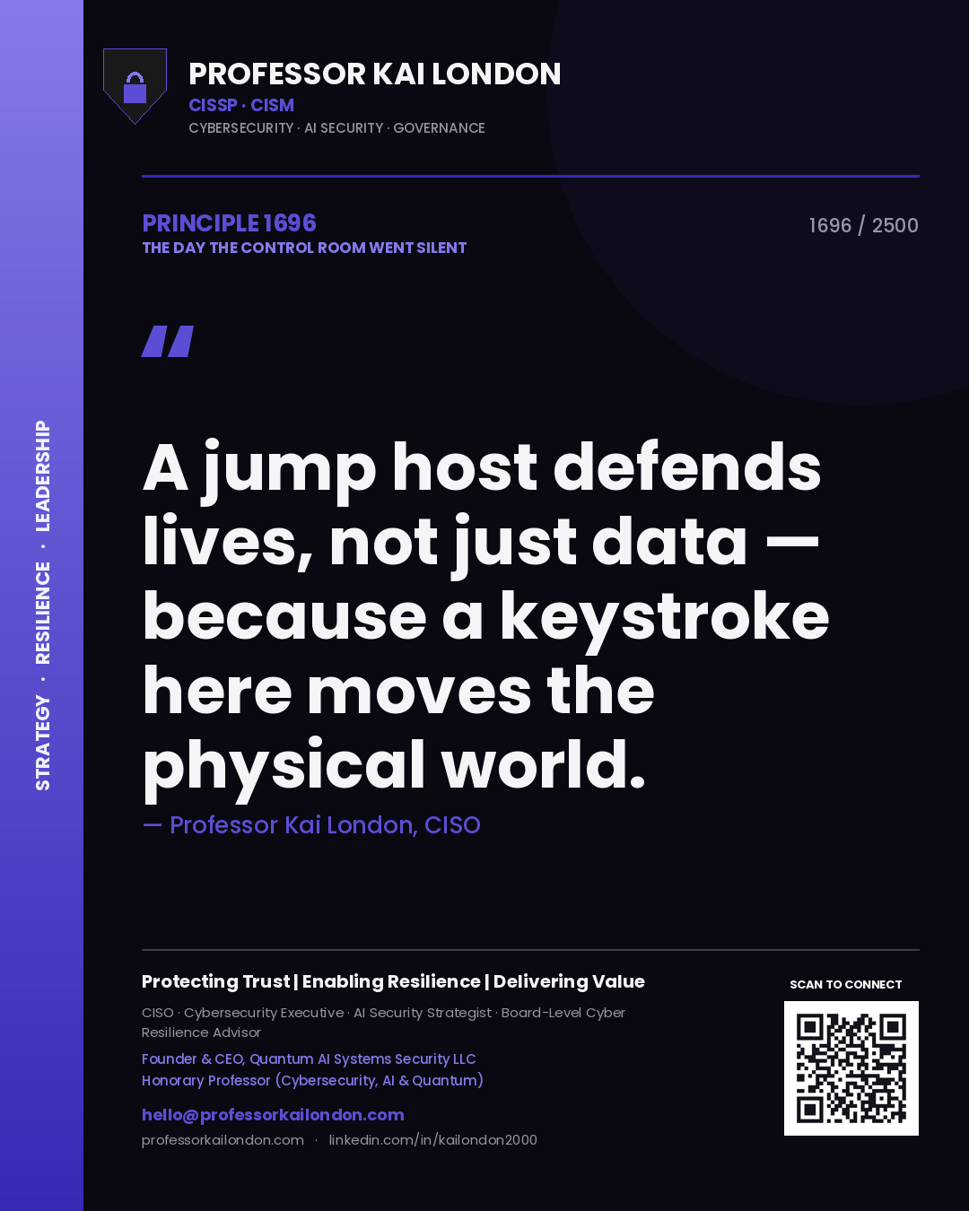 Professor Kai London principle 1696: A jump host defends lives, not just data — because a keystroke here moves the physical world.
