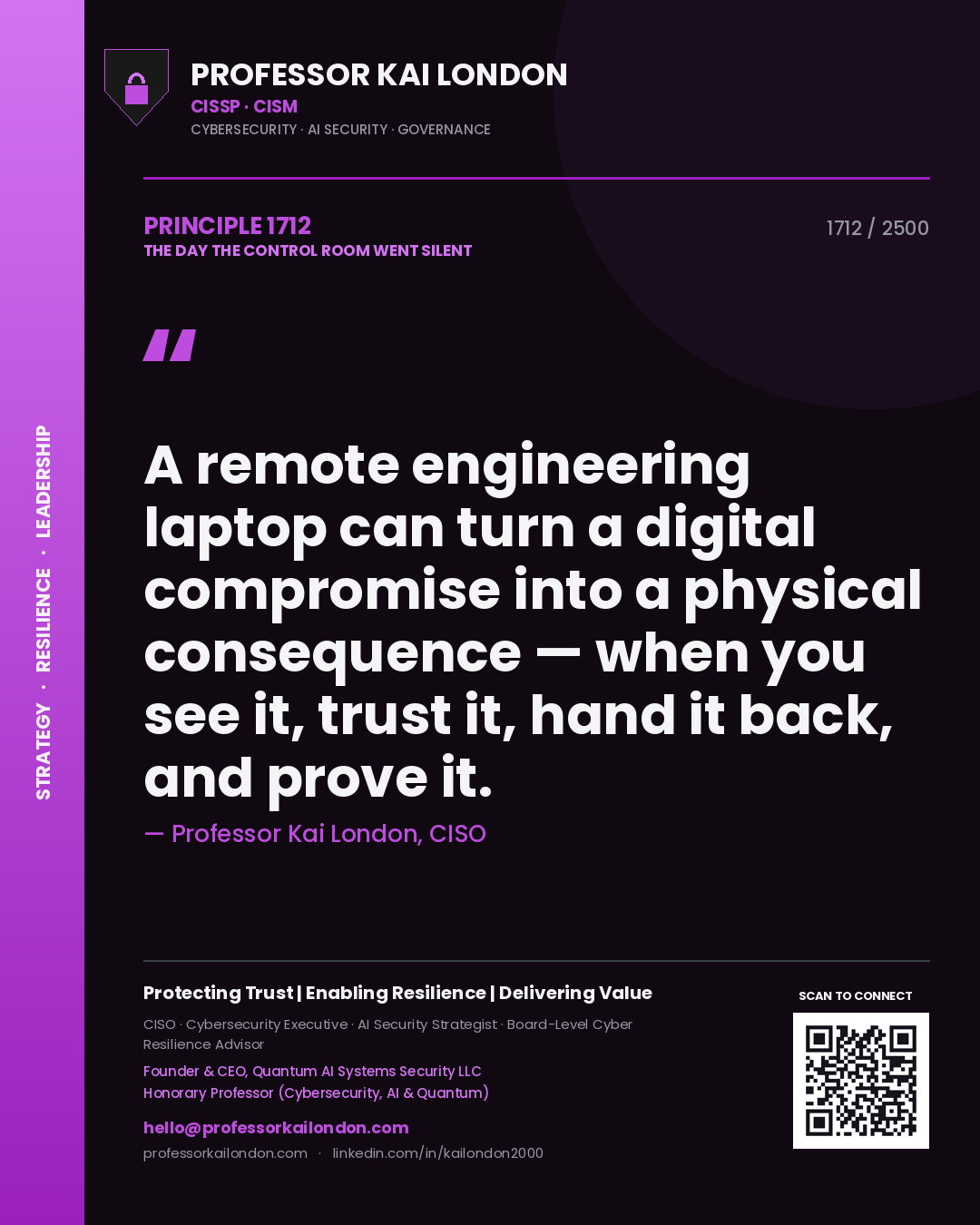 Professor Kai London principle 1712: A remote engineering laptop can turn a digital compromise into a physical consequence — when you see it, trust it, hand it back, and prove it.