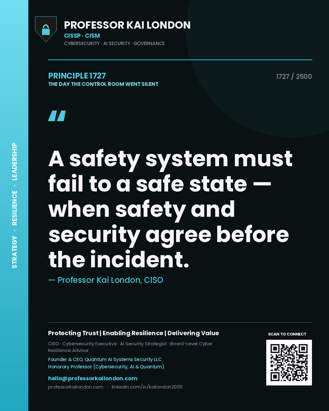 Professor Kai London principle 1727: A safety system must fail to a safe state — when safety and security agree before the incident.
