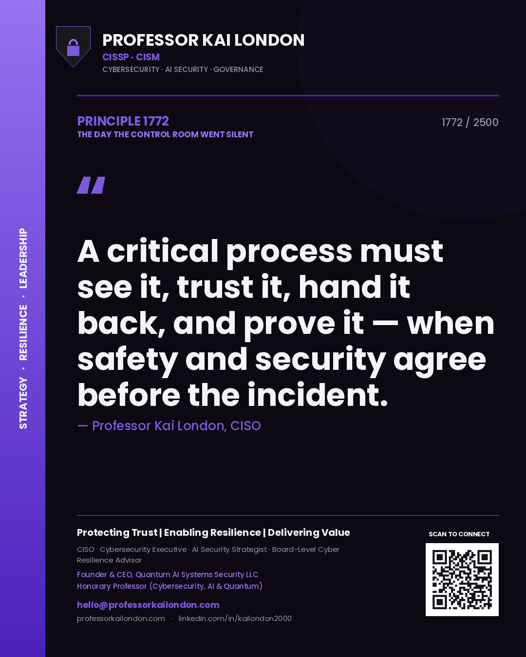 Professor Kai London principle 1772: A critical process must see it, trust it, hand it back, and prove it — when safety and security agree before the incident.