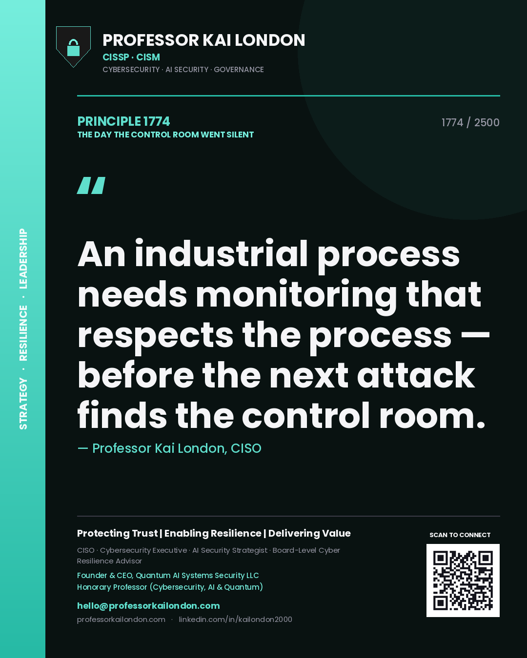 Professor Kai London principle 1774: An industrial process needs monitoring that respects the process — before the next attack finds the control room.