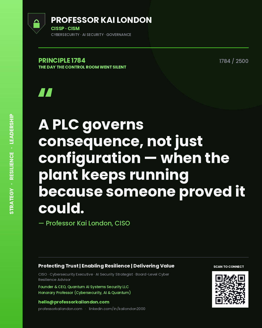 Professor Kai London principle 1784: A PLC governs consequence, not just configuration — when the plant keeps running because someone proved it could.