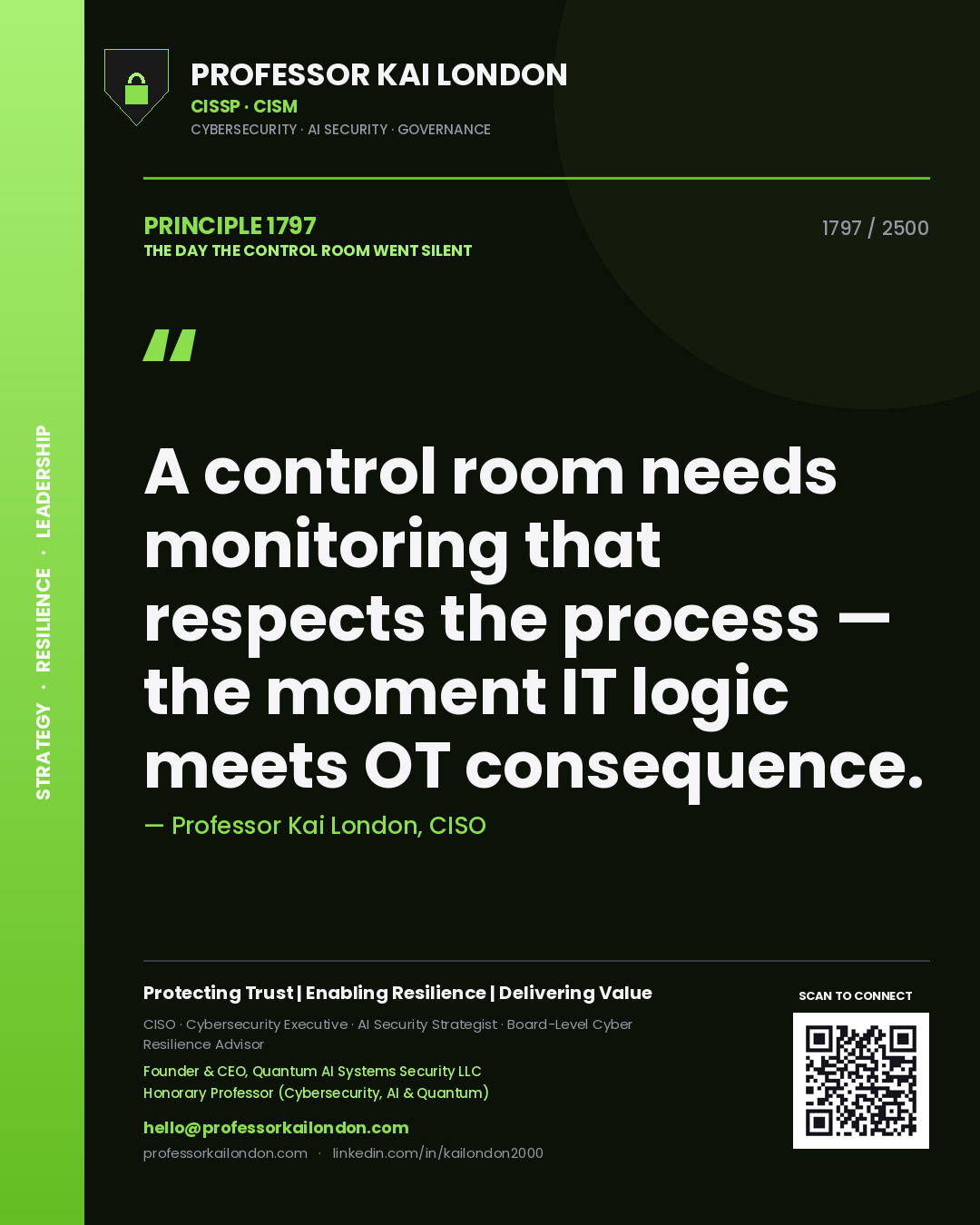 Professor Kai London principle 1797: A control room needs monitoring that respects the process — the moment IT logic meets OT consequence.
