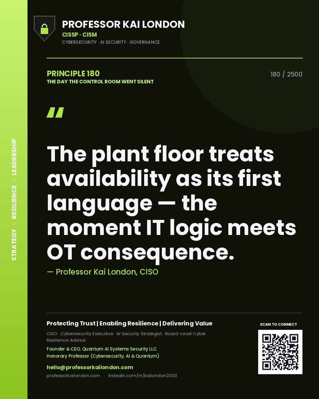 Professor Kai London principle 180: The plant floor treats availability as its first language — the moment IT logic meets OT consequence.