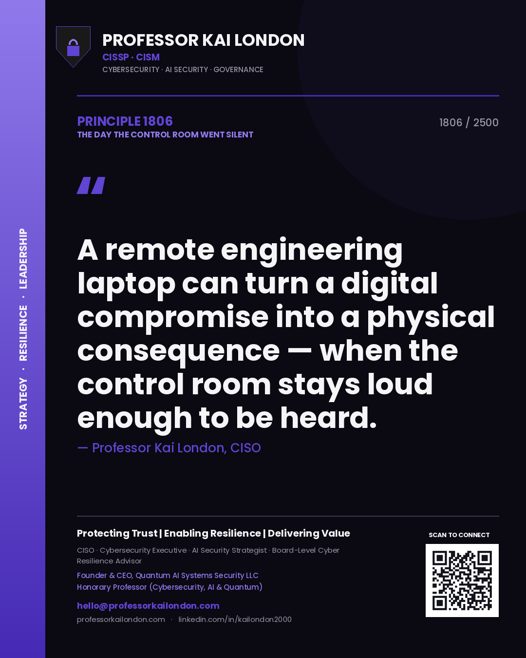 Professor Kai London principle 1806: A remote engineering laptop can turn a digital compromise into a physical consequence — when the control room stays loud enough to be heard.