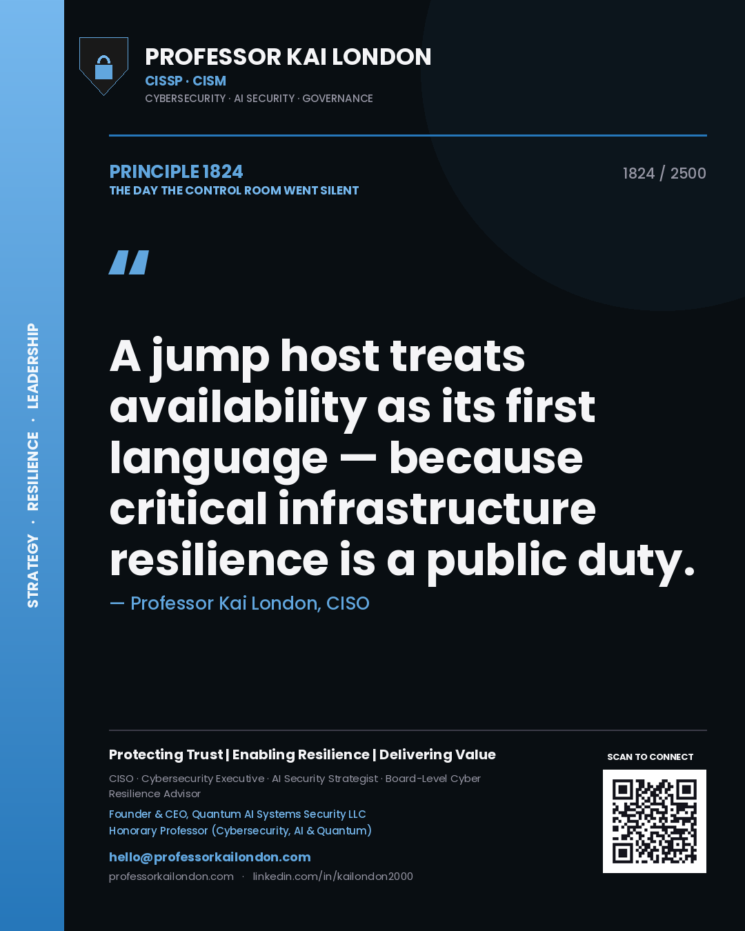 Professor Kai London principle 1824: A jump host treats availability as its first language — because critical infrastructure resilience is a public duty.