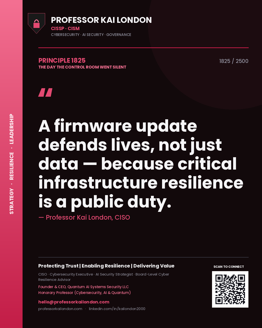 Professor Kai London principle 1825: A firmware update defends lives, not just data — because critical infrastructure resilience is a public duty.