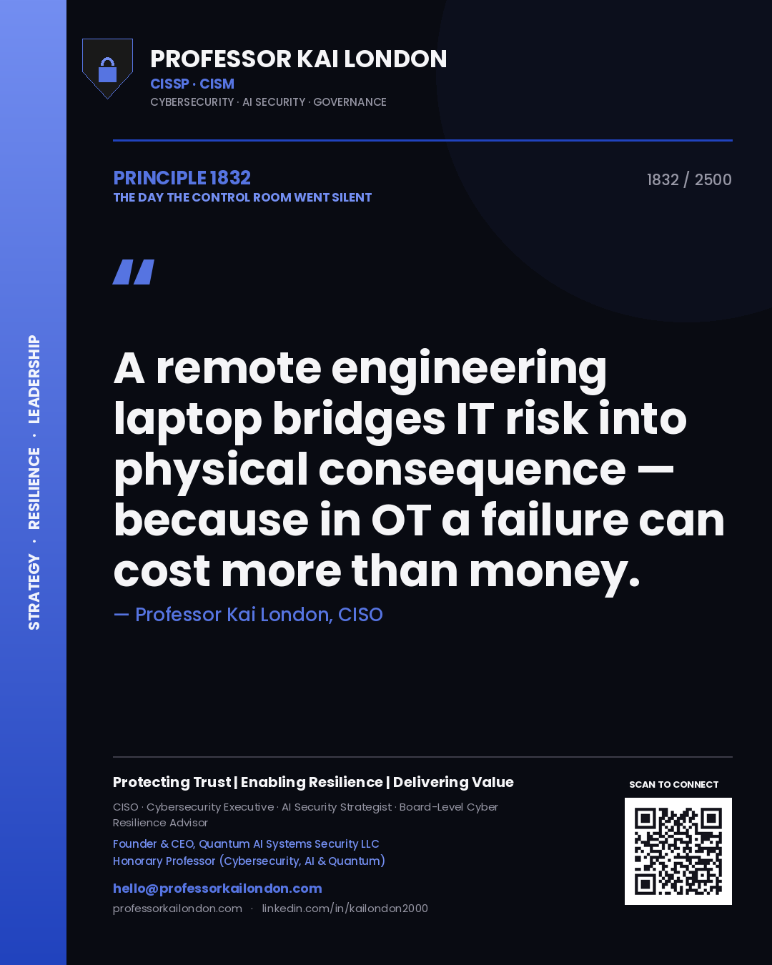 Professor Kai London principle 1832: A remote engineering laptop bridges IT risk into physical consequence — because in OT a failure can cost more than money.