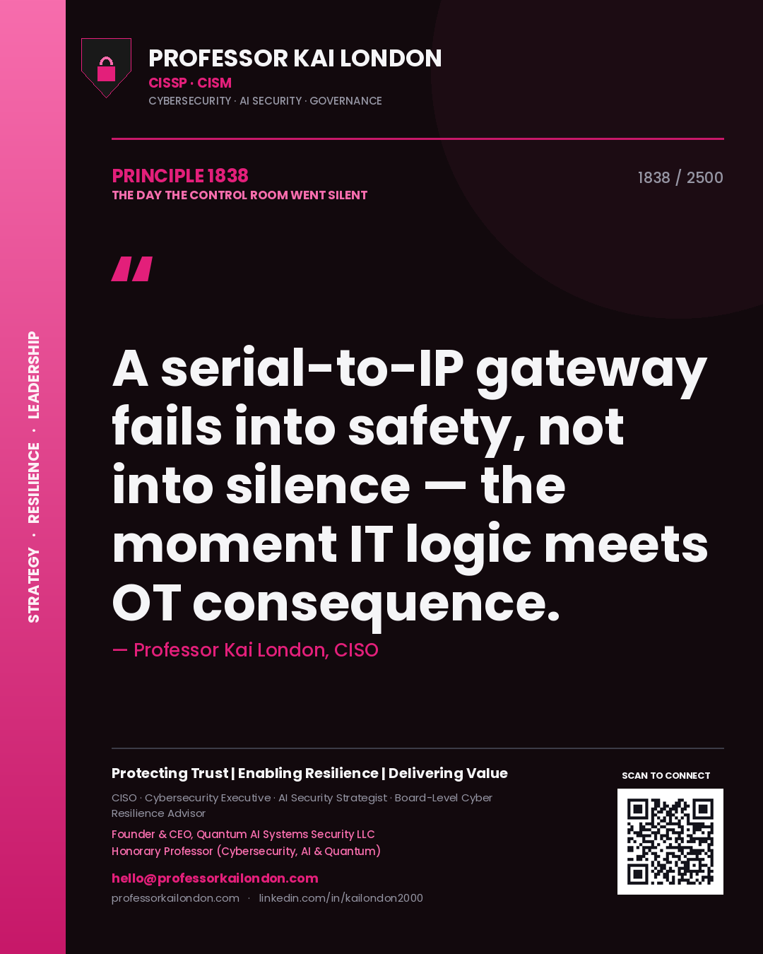 Professor Kai London principle 1838: A serial-to-IP gateway fails into safety, not into silence — the moment IT logic meets OT consequence.
