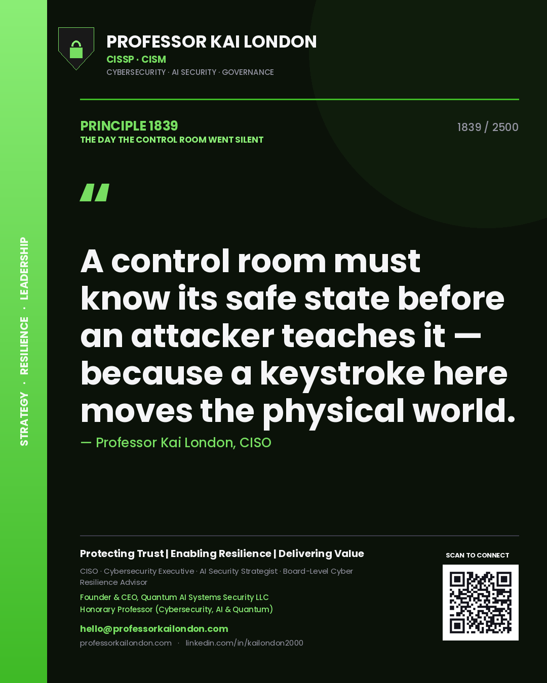 Professor Kai London principle 1839: A control room must know its safe state before an attacker teaches it — because a keystroke here moves the physical world.