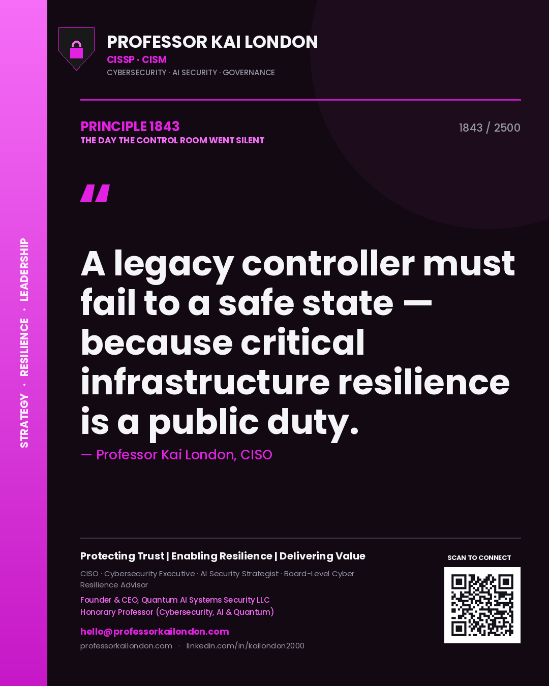 Professor Kai London principle 1843: A legacy controller must fail to a safe state — because critical infrastructure resilience is a public duty.