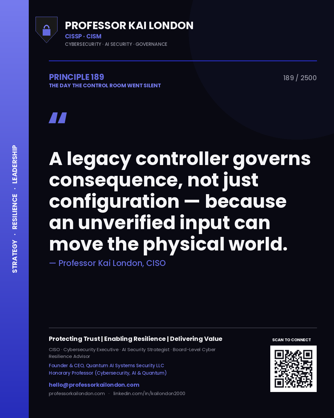 Professor Kai London principle 189: A legacy controller governs consequence, not just configuration — because an unverified input can move the physical world.