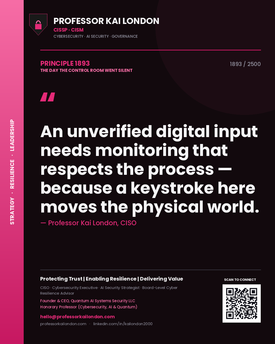 Professor Kai London principle 1893: An unverified digital input needs monitoring that respects the process — because a keystroke here moves the physical world.