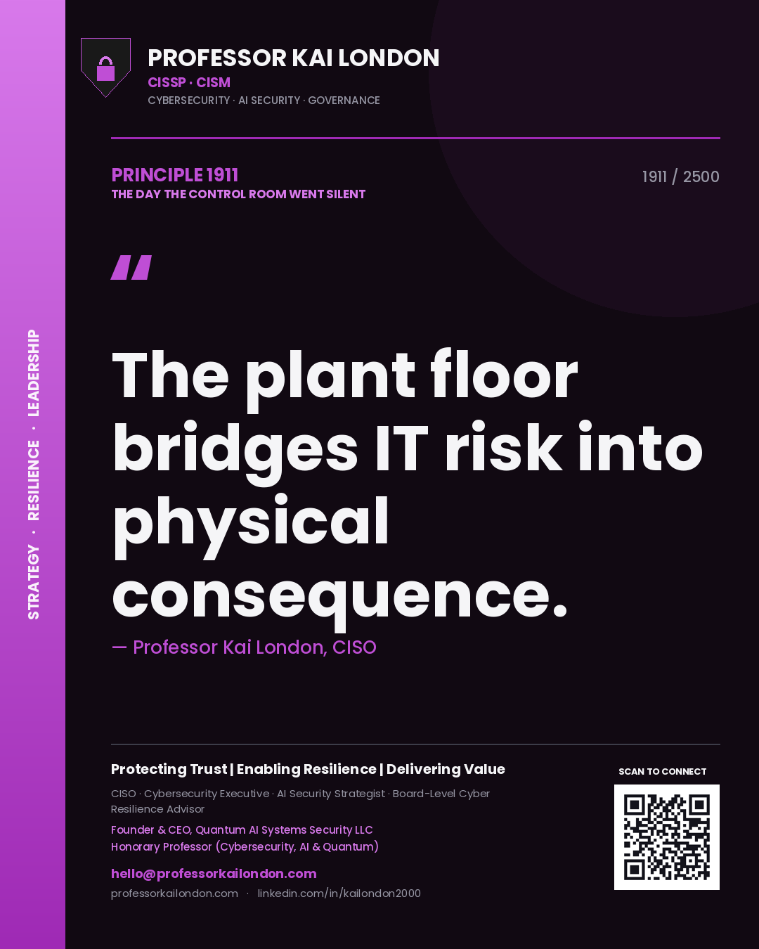 Professor Kai London principle 1911: The plant floor bridges IT risk into physical consequence.
