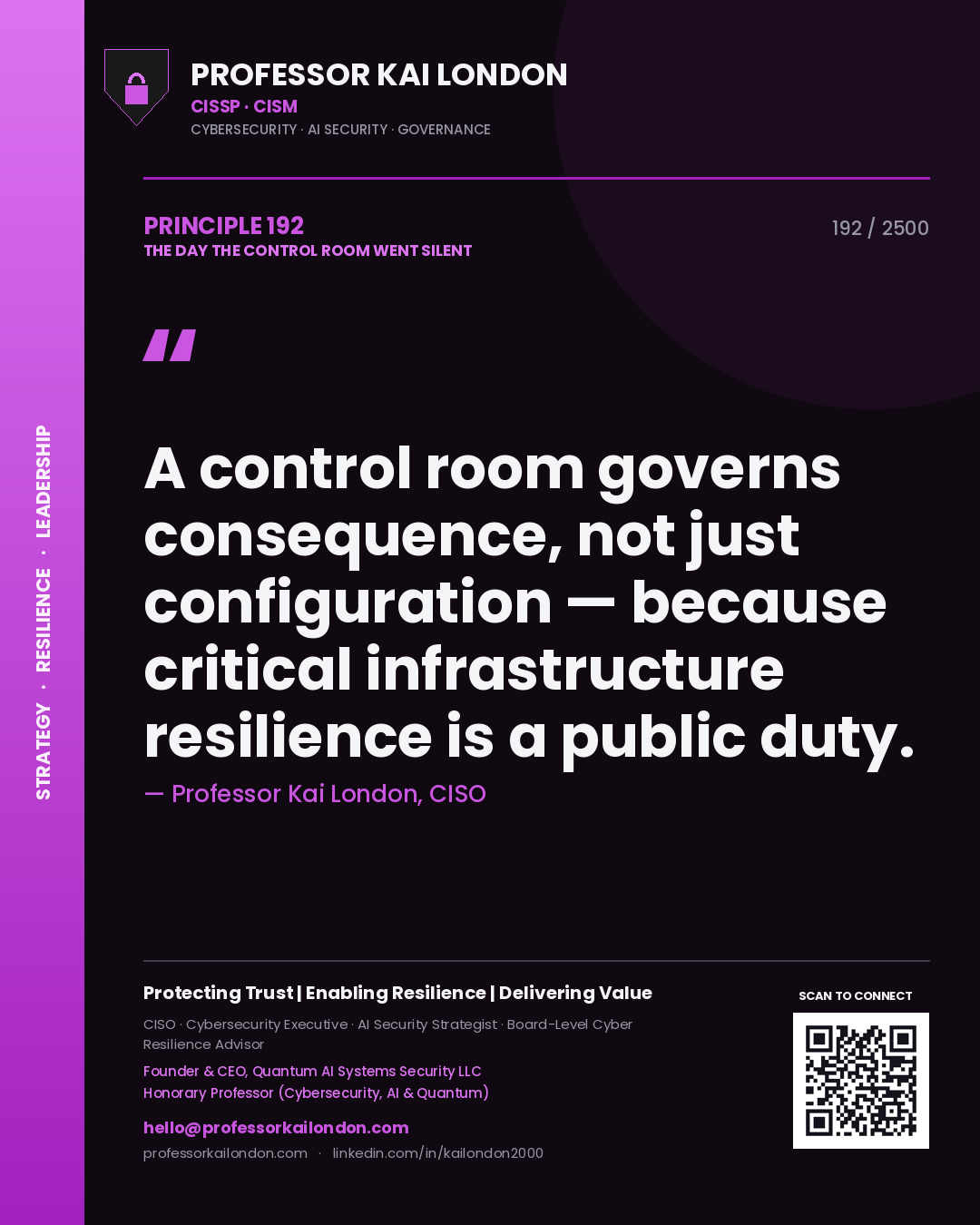 Professor Kai London principle 192: A control room governs consequence, not just configuration — because critical infrastructure resilience is a public duty.