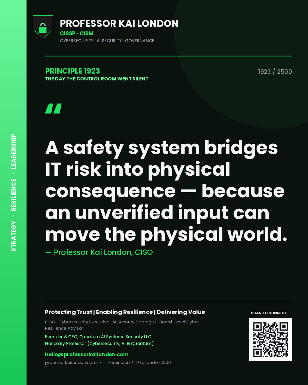 Professor Kai London principle 1923: A safety system bridges IT risk into physical consequence — because an unverified input can move the physical world.