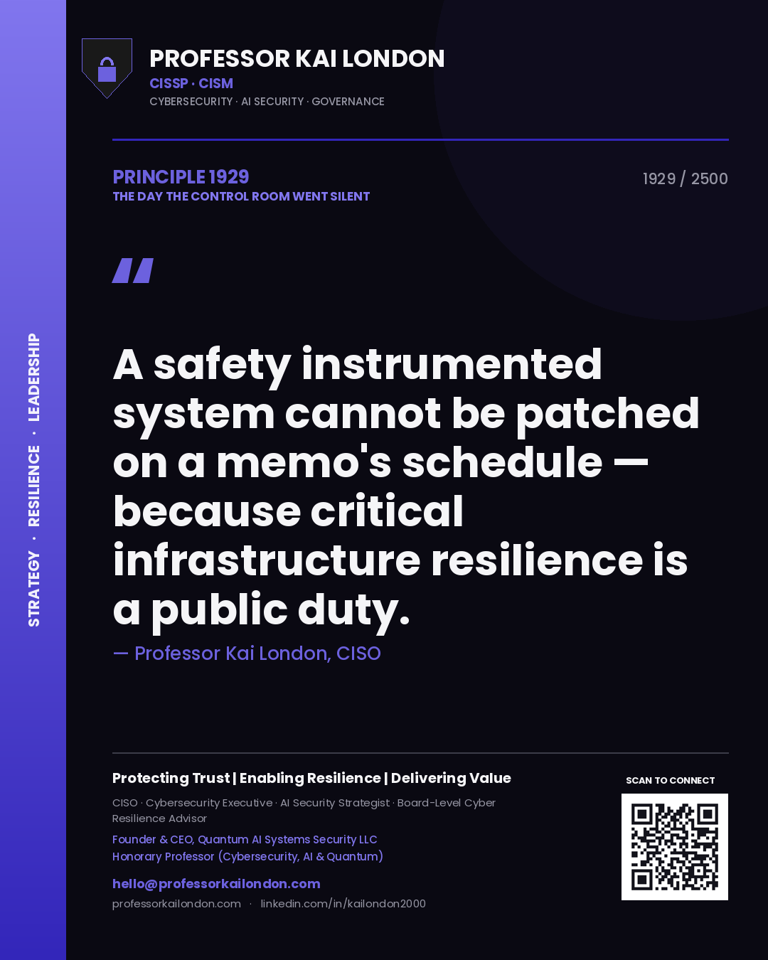 Professor Kai London principle 1929: A safety instrumented system cannot be patched on a memo's schedule — because critical infrastructure resilience is a public duty.