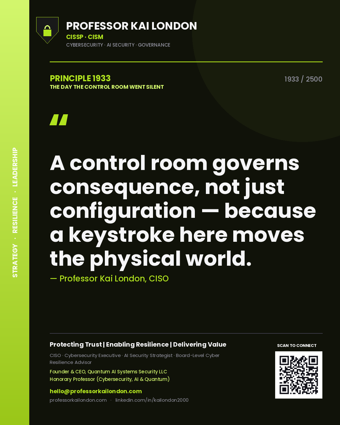 Professor Kai London principle 1933: A control room governs consequence, not just configuration — because a keystroke here moves the physical world.