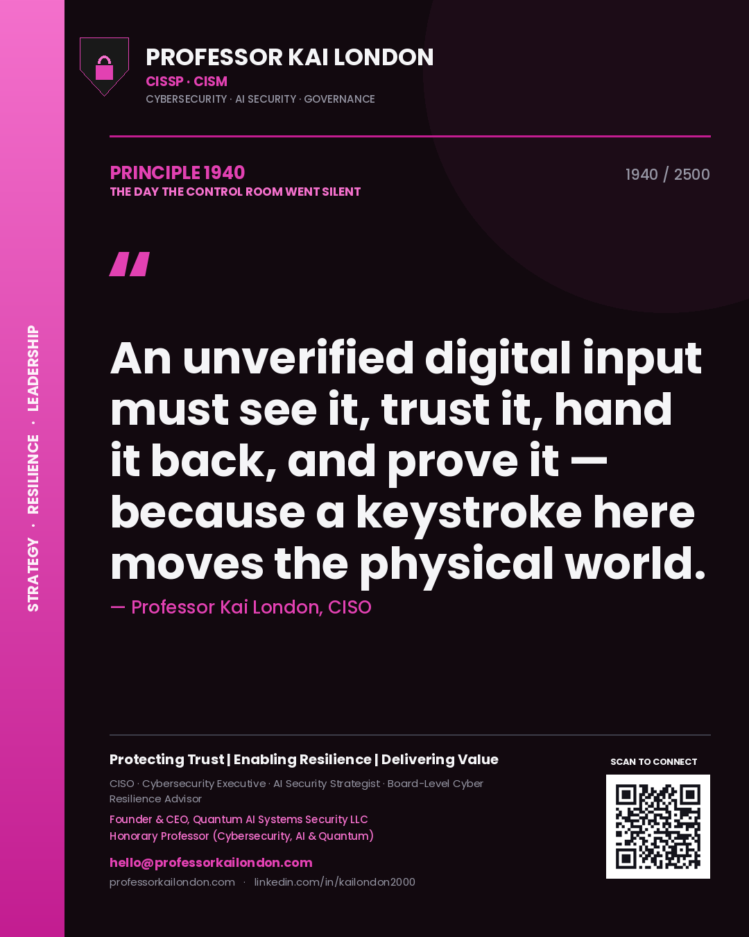 Professor Kai London principle 1940: An unverified digital input must see it, trust it, hand it back, and prove it — because a keystroke here moves the physical world.