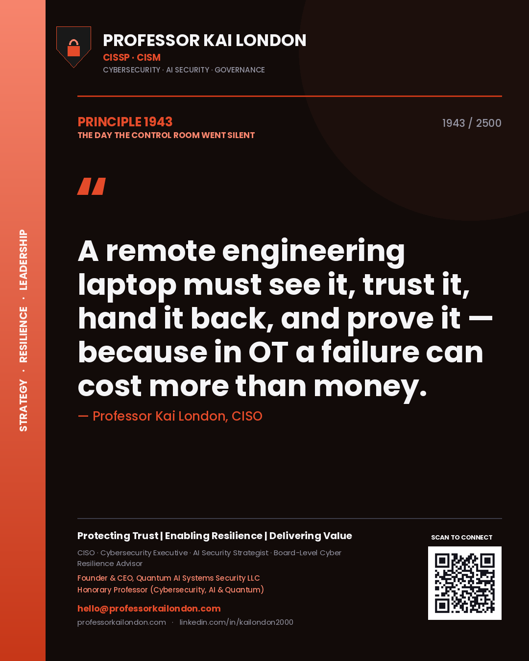 Professor Kai London principle 1943: A remote engineering laptop must see it, trust it, hand it back, and prove it — because in OT a failure can cost more than money.