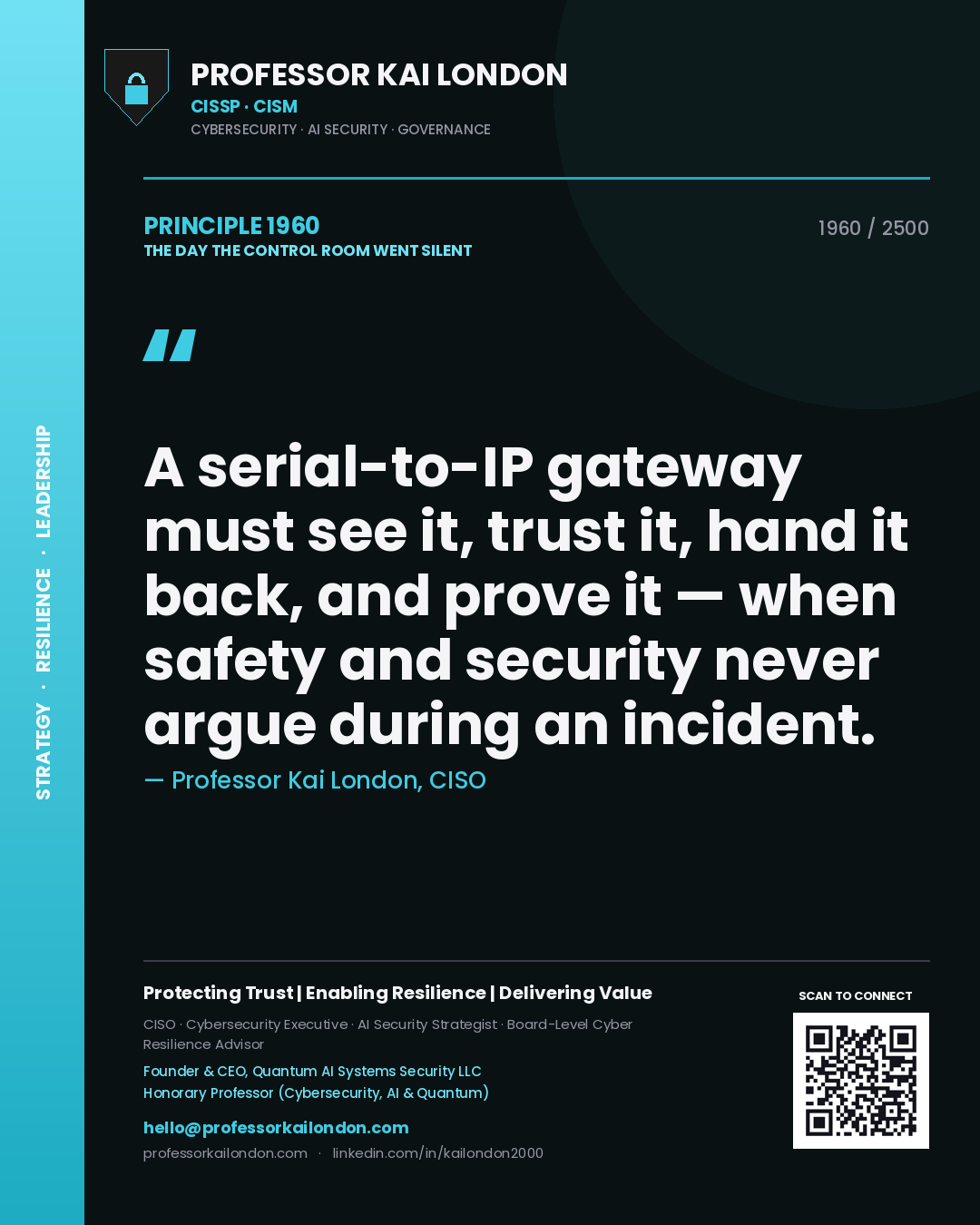 Professor Kai London principle 1960: A serial-to-IP gateway must see it, trust it, hand it back, and prove it — when safety and security never argue during an incident.