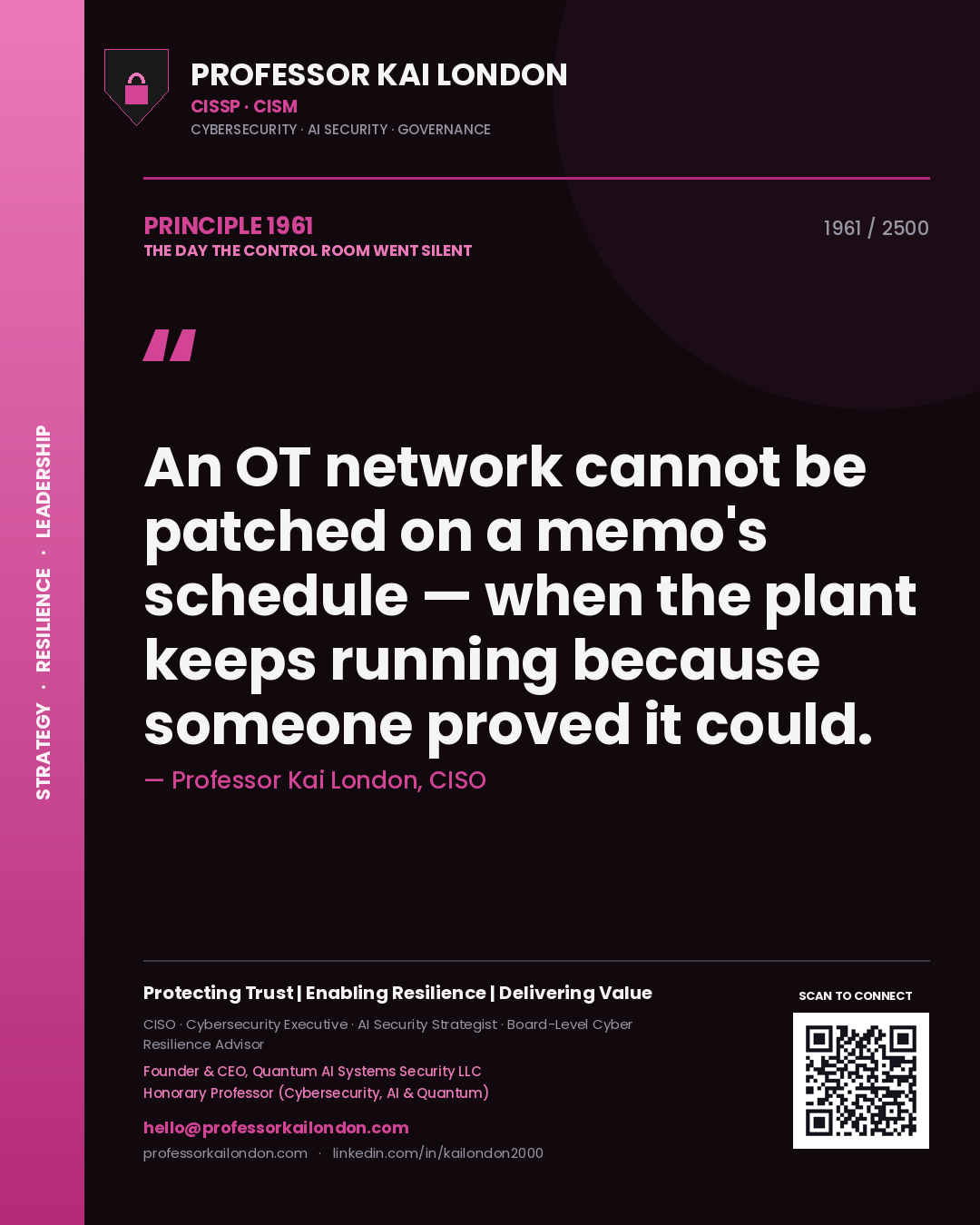 Professor Kai London principle 1961: An OT network cannot be patched on a memo's schedule — when the plant keeps running because someone proved it could.