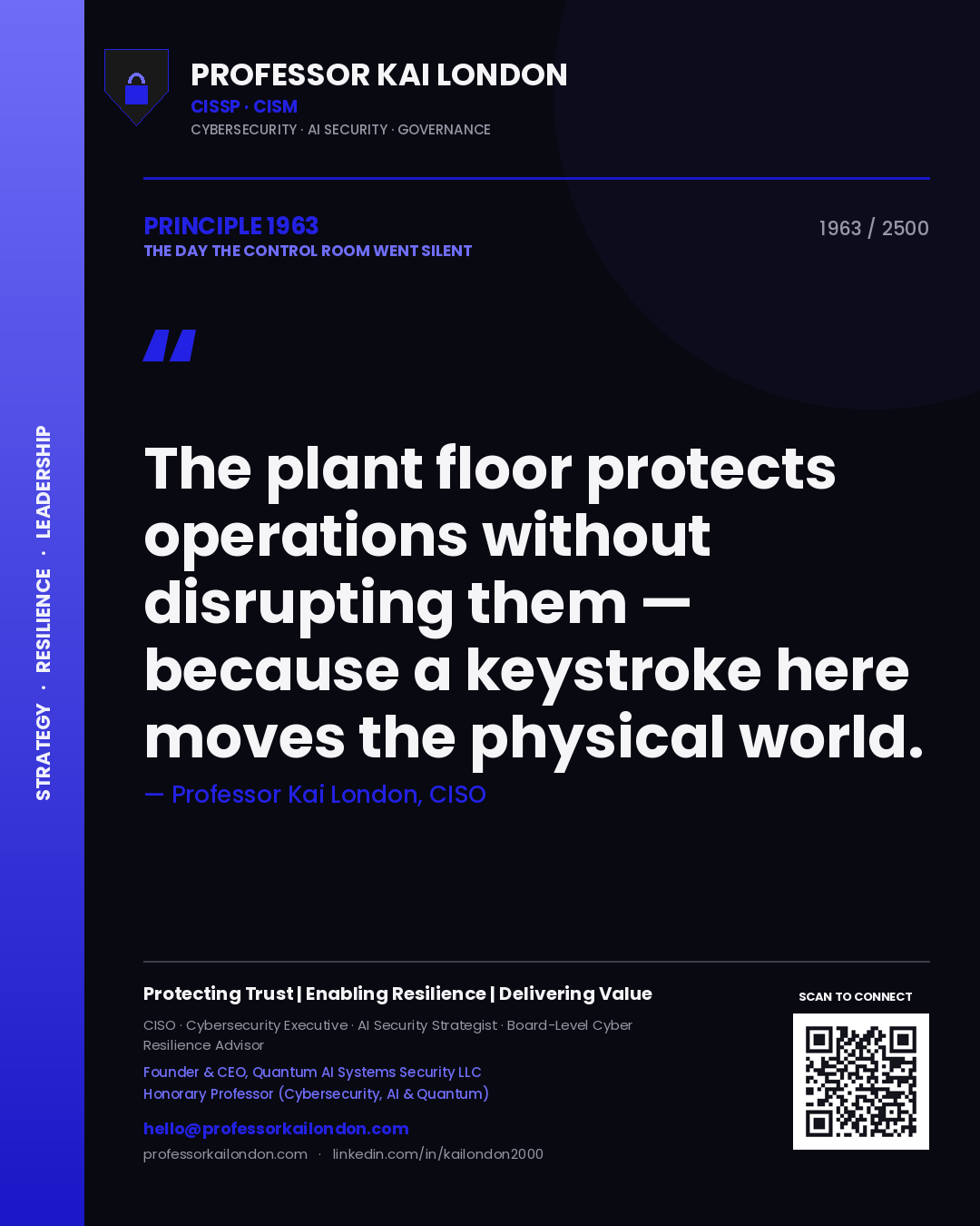 Professor Kai London principle 1963: The plant floor protects operations without disrupting them — because a keystroke here moves the physical world.