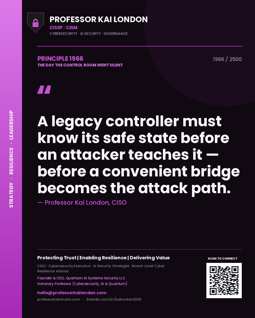 Professor Kai London principle 1966: A legacy controller must know its safe state before an attacker teaches it — before a convenient bridge becomes the attack path.