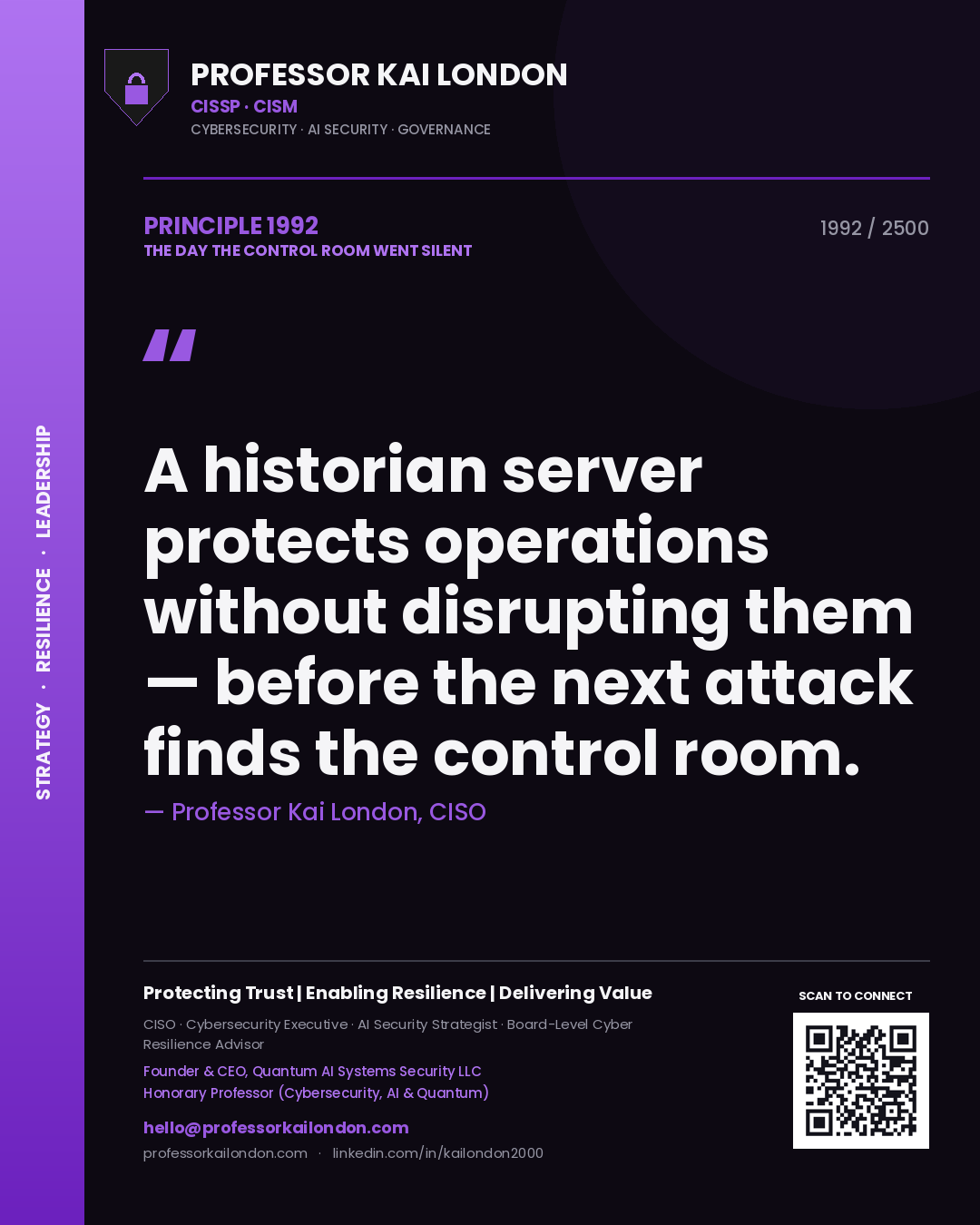 Professor Kai London principle 1992: A historian server protects operations without disrupting them — before the next attack finds the control room.