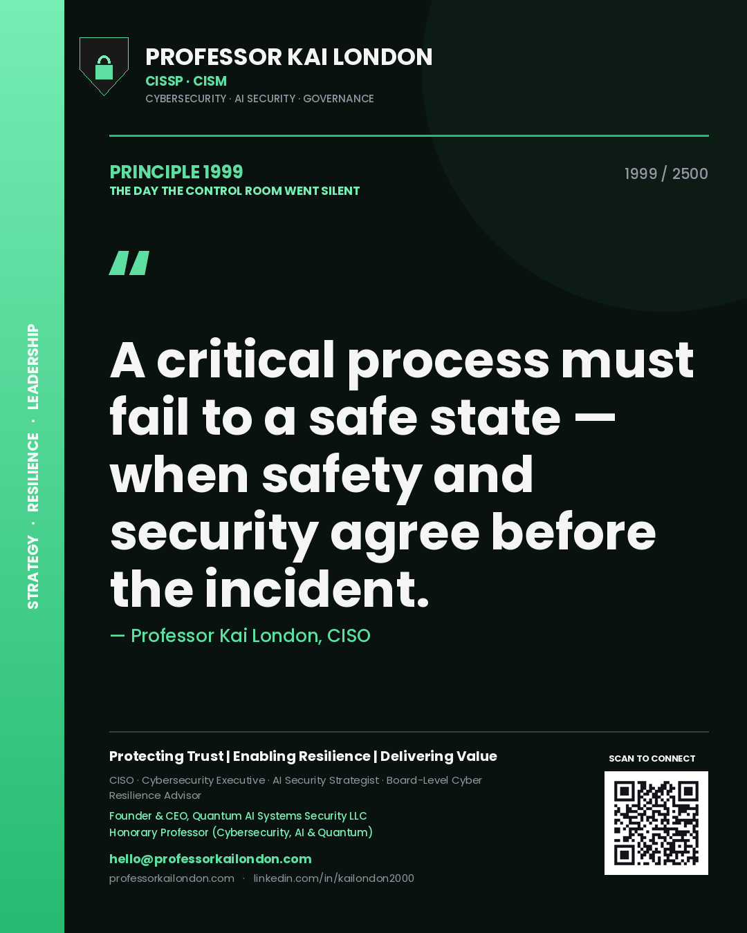 Professor Kai London principle 1999: A critical process must fail to a safe state — when safety and security agree before the incident.