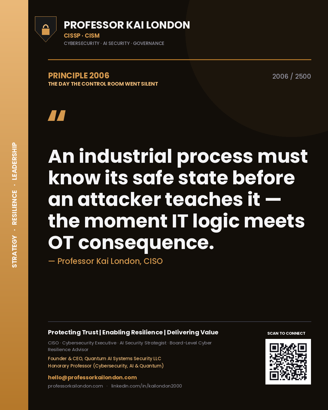 Professor Kai London principle 2006: An industrial process must know its safe state before an attacker teaches it — the moment IT logic meets OT consequence.