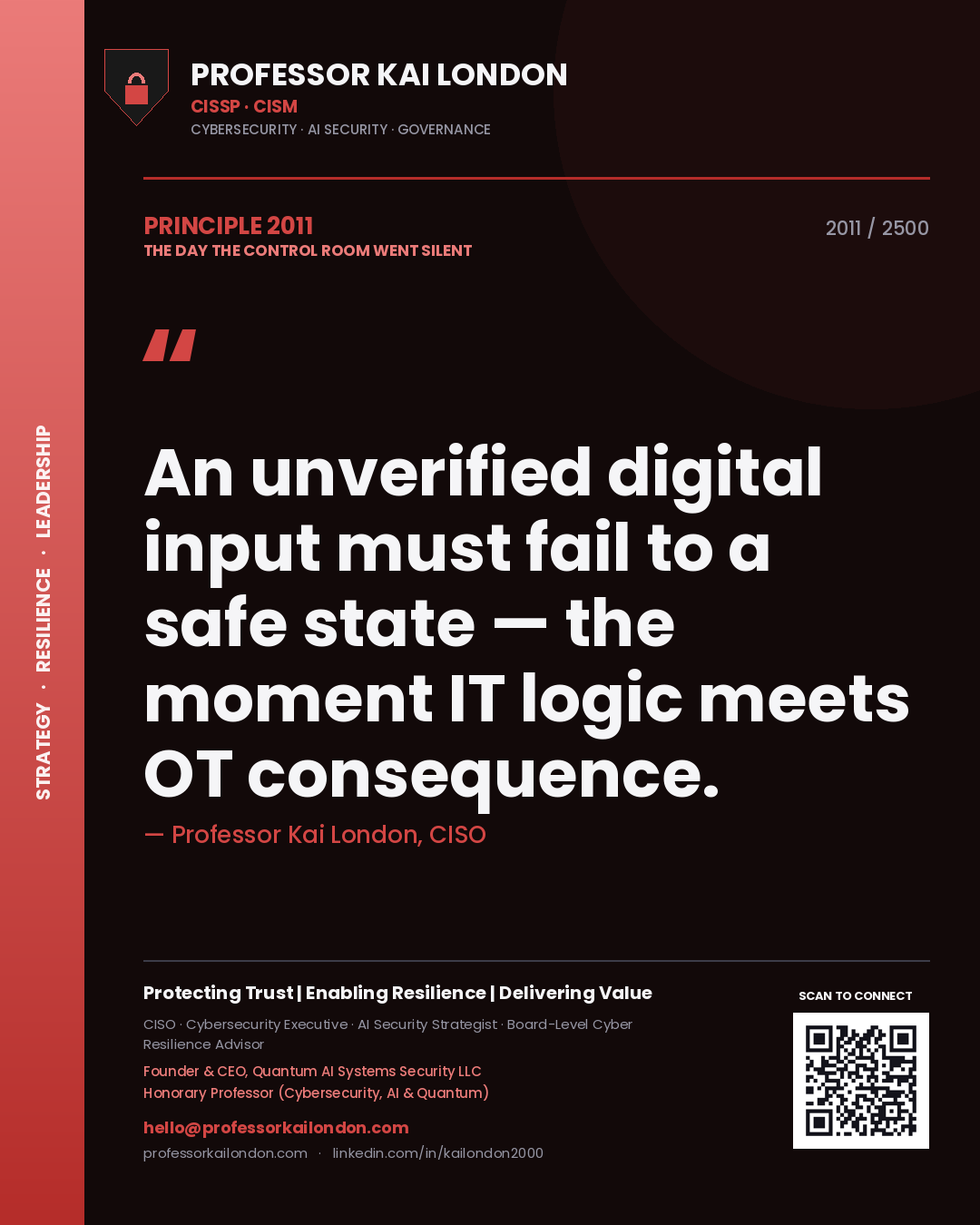 Professor Kai London principle 2011: An unverified digital input must fail to a safe state — the moment IT logic meets OT consequence.