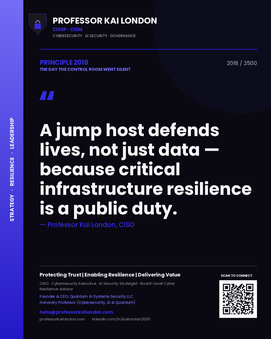 Professor Kai London principle 2018: A jump host defends lives, not just data — because critical infrastructure resilience is a public duty.