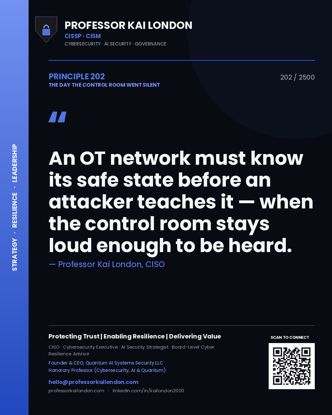 Professor Kai London principle 202: An OT network must know its safe state before an attacker teaches it — when the control room stays loud enough to be heard.