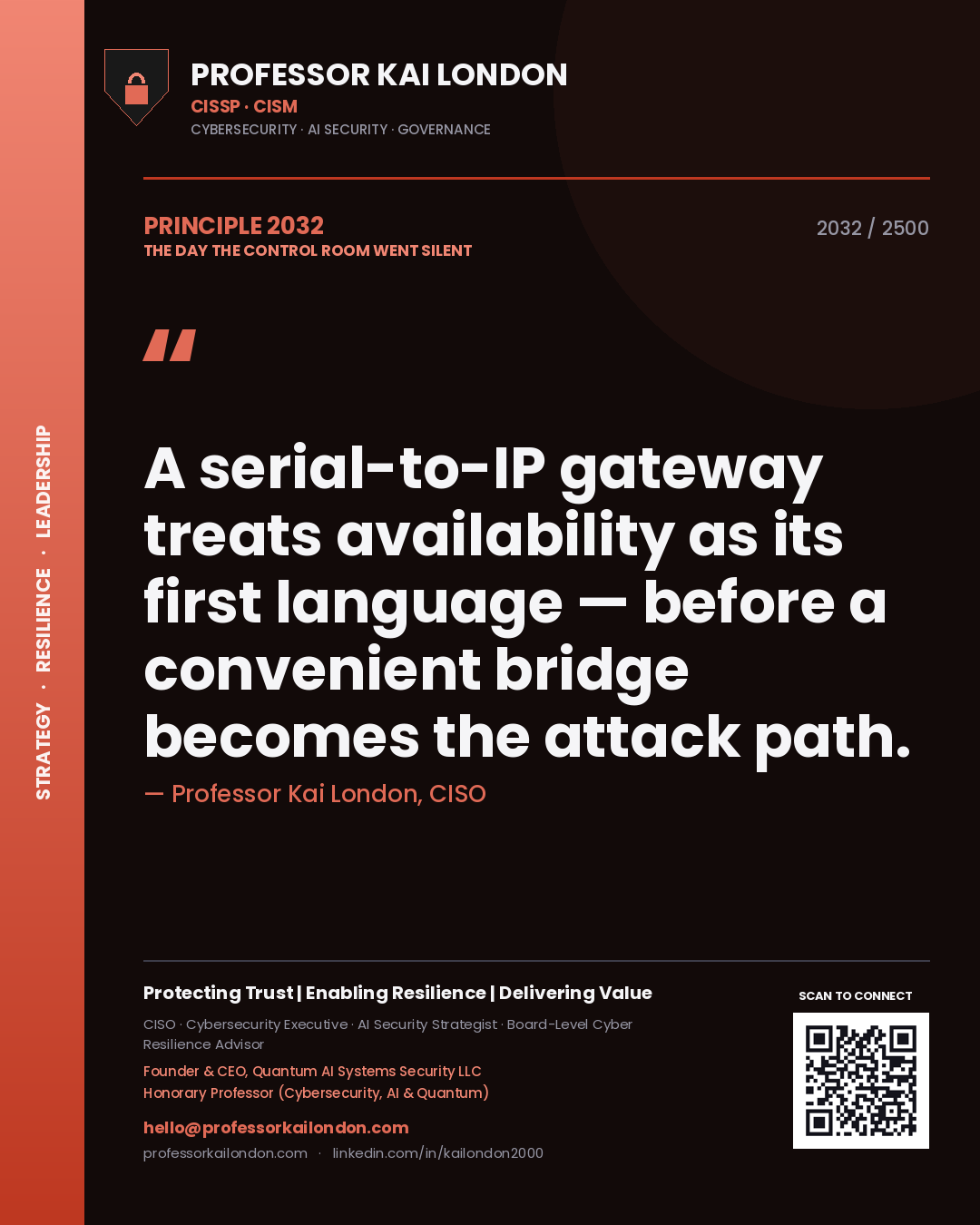 Professor Kai London principle 2032: A serial-to-IP gateway treats availability as its first language — before a convenient bridge becomes the attack path.