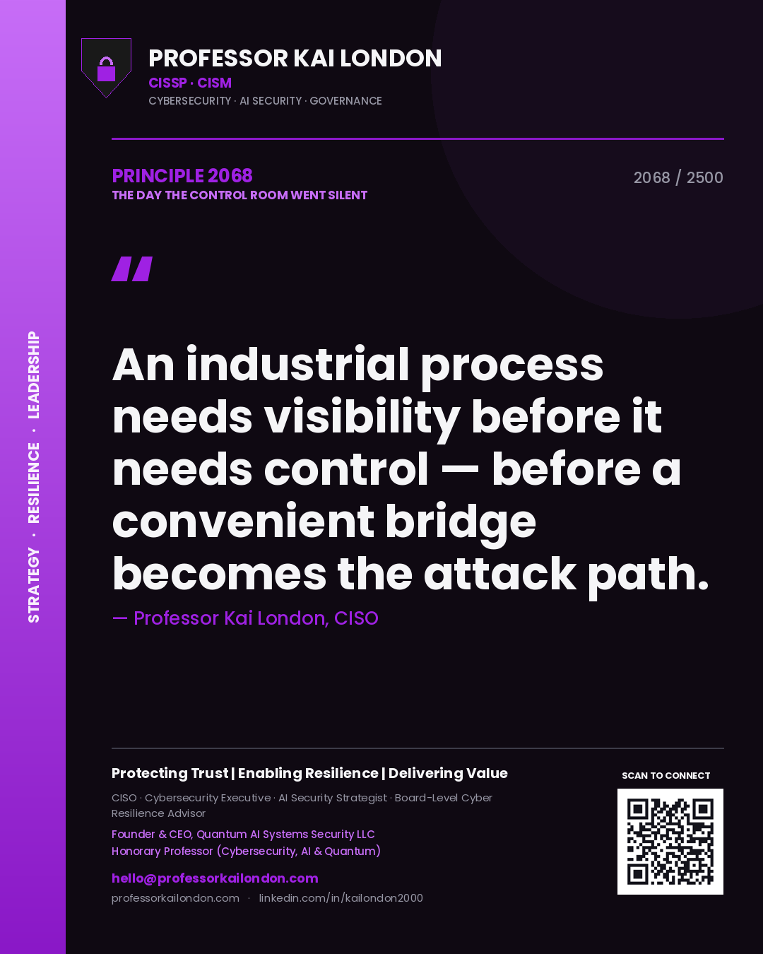 Professor Kai London principle 2068: An industrial process needs visibility before it needs control — before a convenient bridge becomes the attack path.