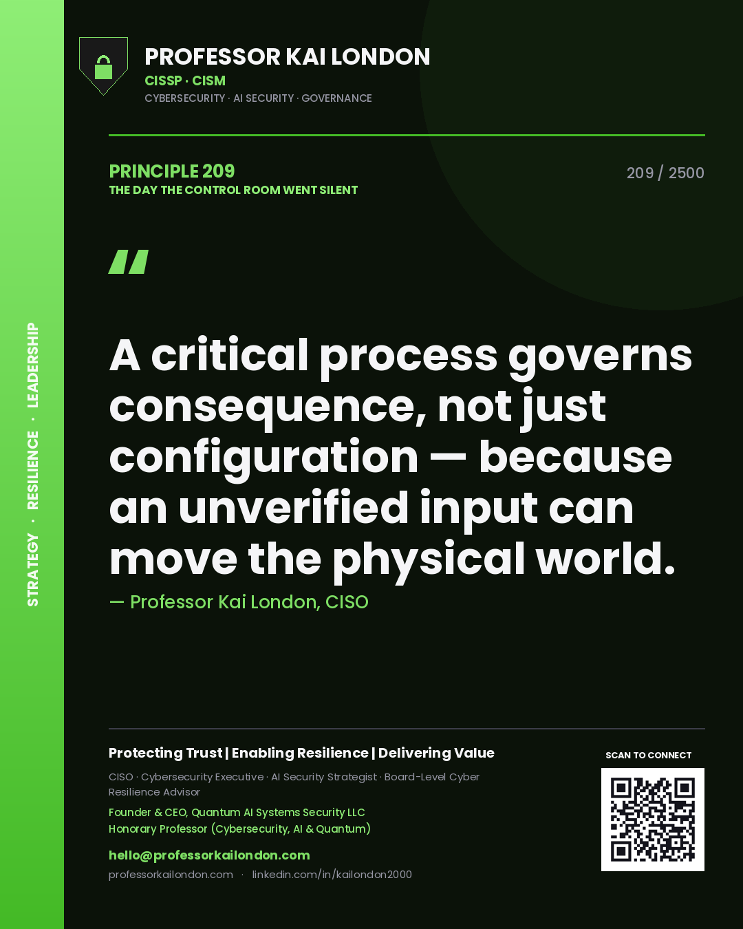 Professor Kai London principle 209: A critical process governs consequence, not just configuration — because an unverified input can move the physical world.