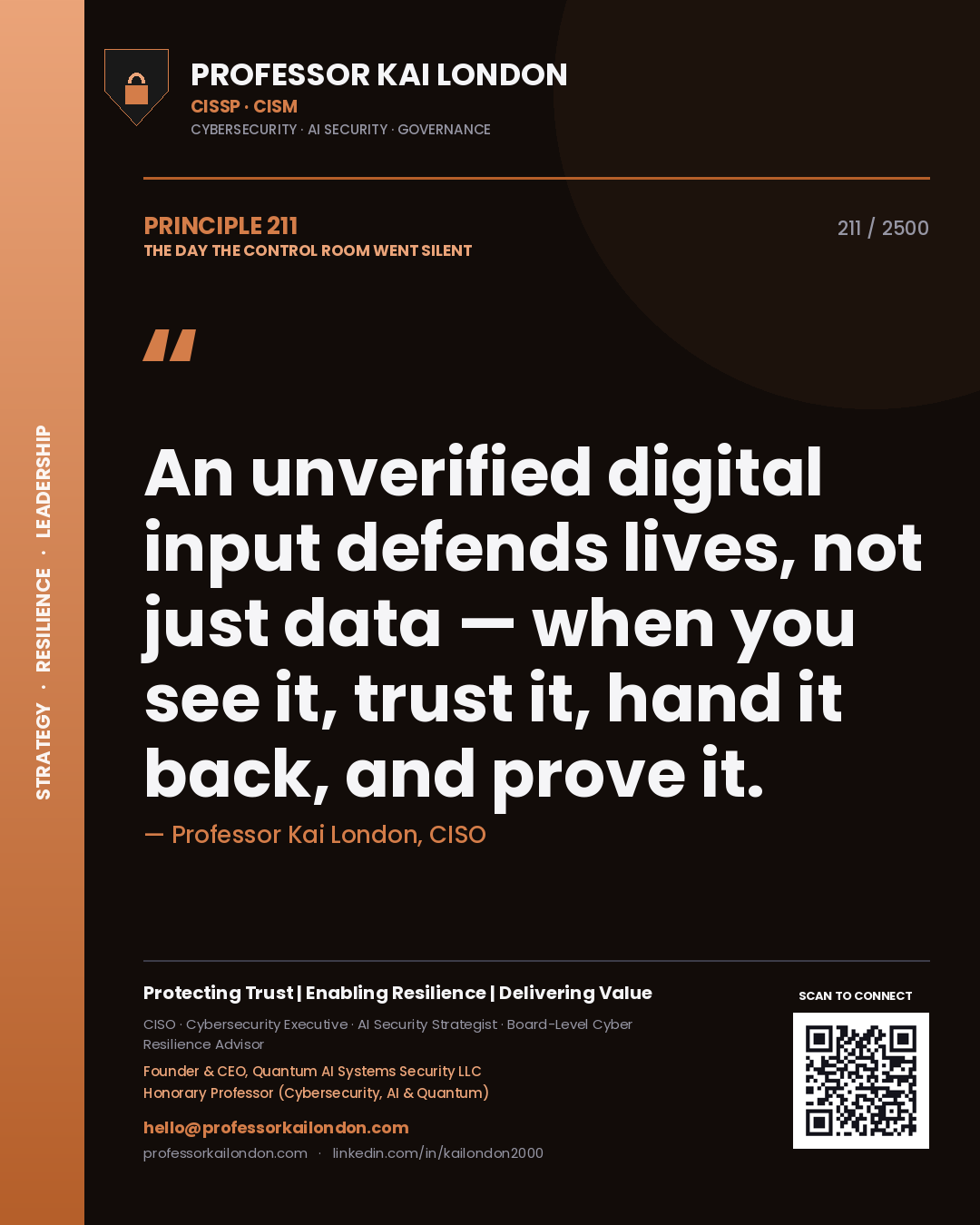 Professor Kai London principle 211: An unverified digital input defends lives, not just data — when you see it, trust it, hand it back, and prove it.