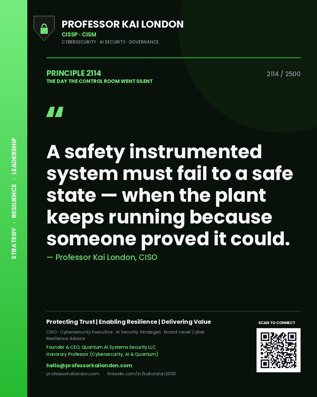 Professor Kai London principle 2114: A safety instrumented system must fail to a safe state — when the plant keeps running because someone proved it could.